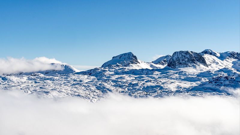mountains, peaks, snow, clouds, landscape, 4k
