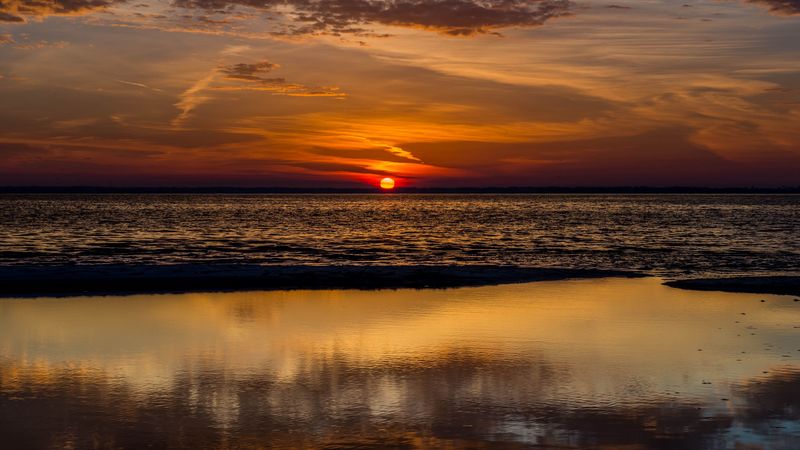 sunset, sea, waves, dusk, horizon, 4k