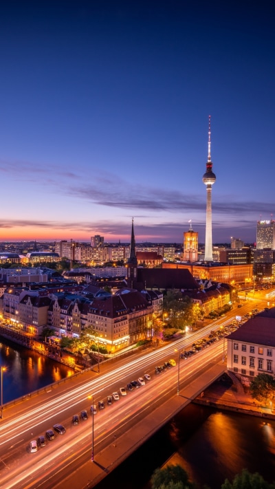 Man Made Berlin, City, Germany, Night, Building, River, 1080x1920