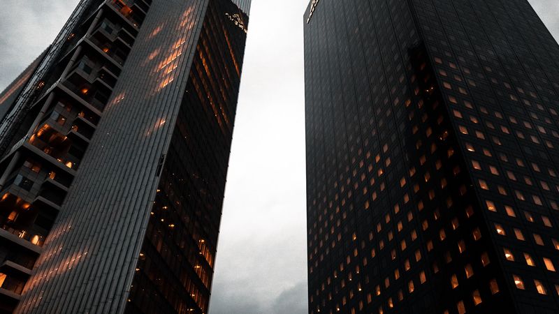 building, bottom view, city, evening, lights, 4k