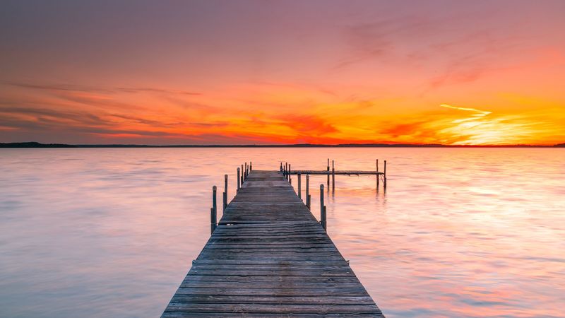 pier, sea, sunset, horizon, sky, water, 4k