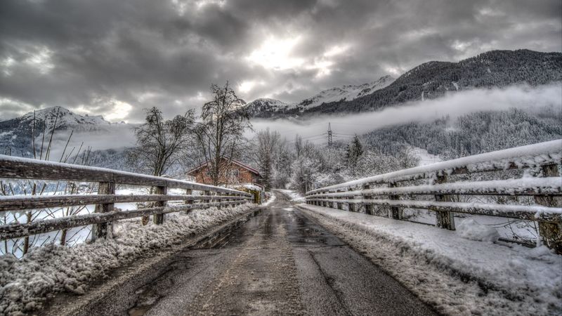 road, distance, mountains, snow, 4k