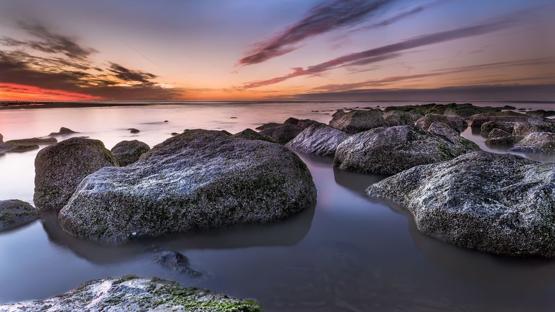 horizon, blocks, sunset, stones, 4k