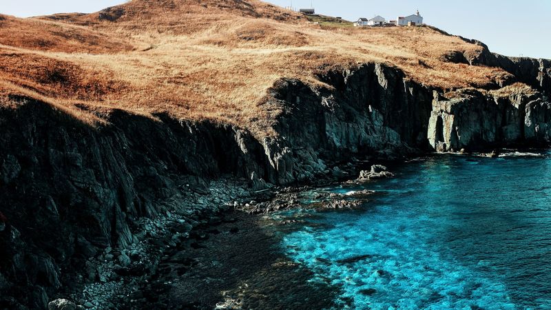 cliff, water, house, shore, 4k