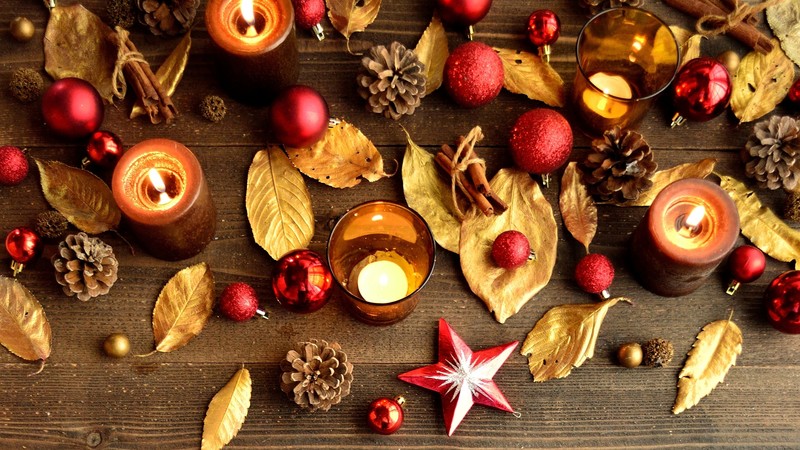 new year, christmas, decoration, decorations, pine cones, leaves, fire, candles