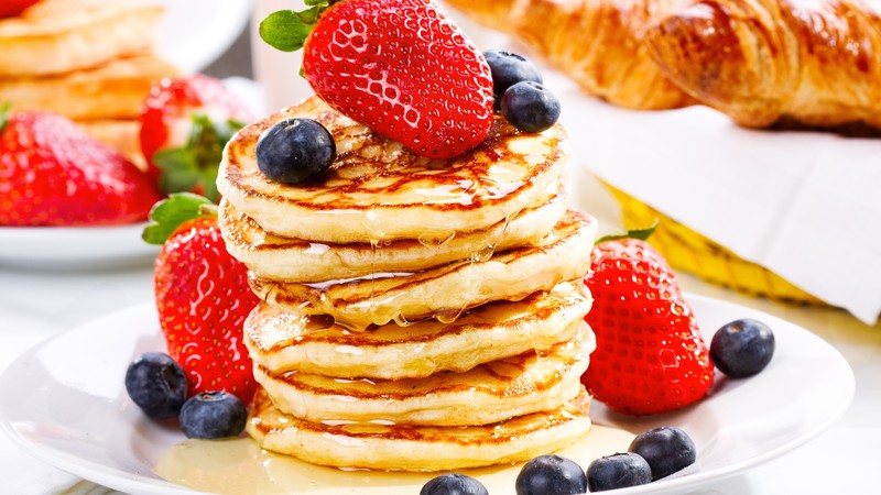American pancakes, fruit, strawberry, blueberry, honey