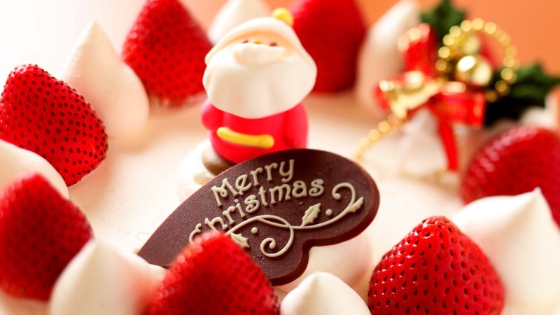 Cake, Christmas, strawberry, Santa Claus, bells