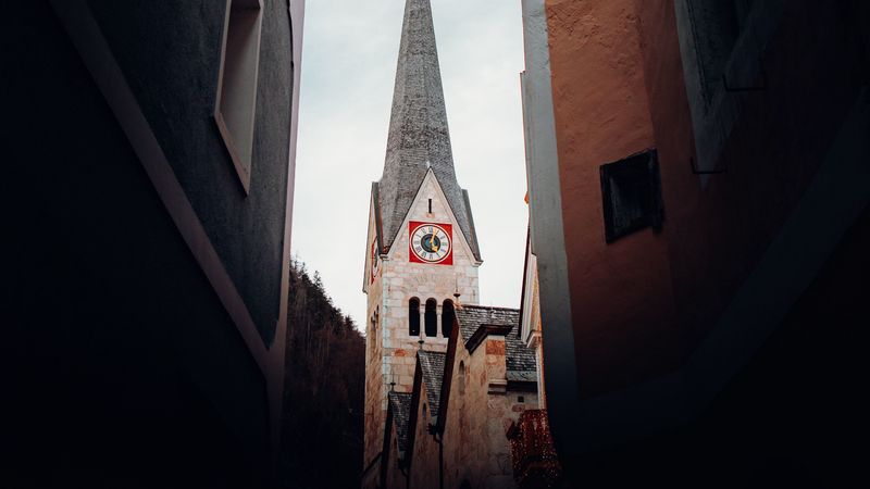 building, chapel, spire, architecture, city, 4k