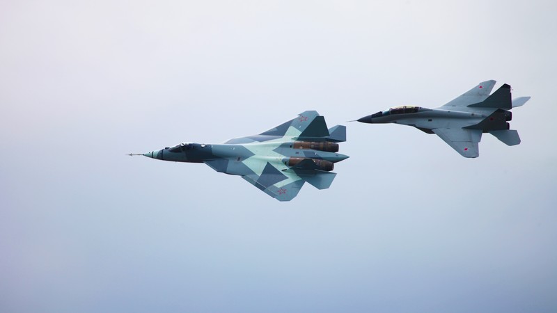 Sukhoi T-50, Mig-29m2, Russian army, red star, fighter aircraft, air force
