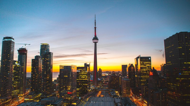 city, evening, tower, buildings, sunset, 4k