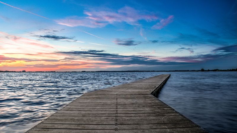 pier, horizon, sunset, water, wooden, 4k