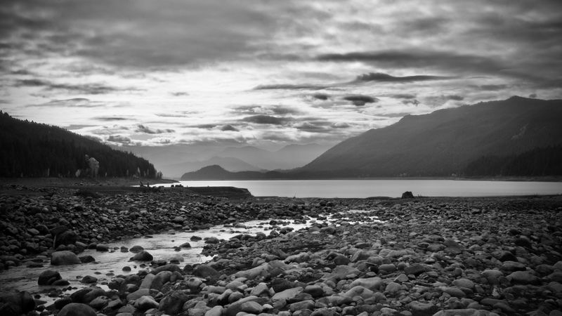 bw, landscape, stones, water, forest, 4k