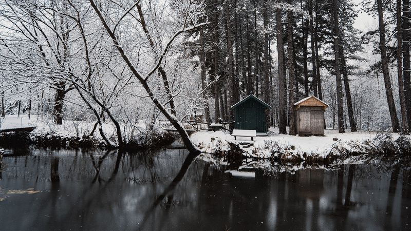 river, snow, trees, structure, winter, 4k