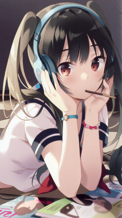 Anime Headphones, Brown Eyes, Blush, Black Hair, Twintails, Book, 1080x1920