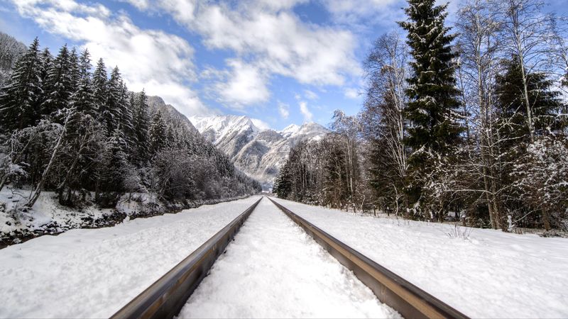 railway, mountains, snowy, distance, 4k