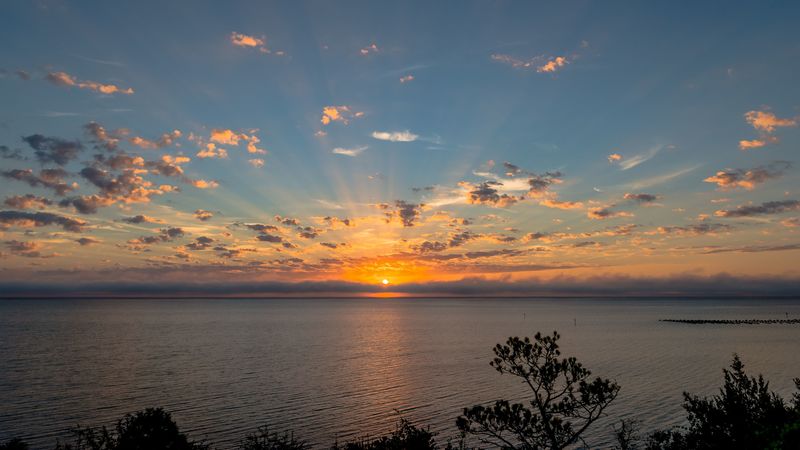 horizon, sunset, water, clouds, 4k