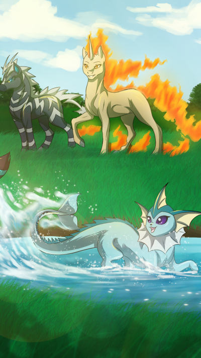 Anime Pokémon, Eeveelutions, Zebstrika (Pokémon), Vaporeon (Pokémon), Rapidash (Pokémon), Shiny Pokémon, 1080x1920