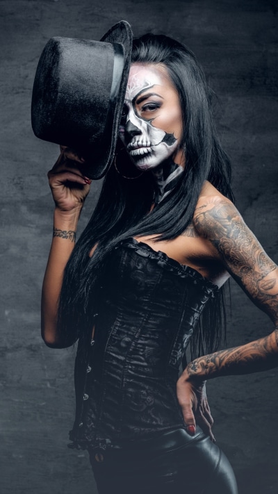 Women Tattoo, Sugar Skull, Hat, Model, Brunette, 1080x1920