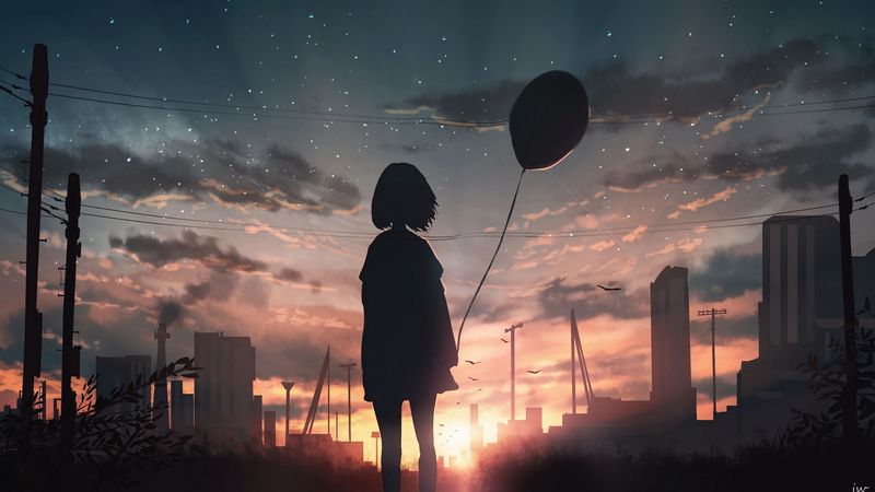 girl, silhouette, balloon, starry sky, sunset, 4k