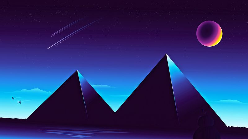 pyramids, starry sky, night, dark, 4k