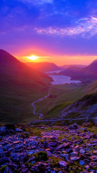 Photography Sunset, Purple, Valley, Mountain, Cloud, Lake, 1080x1920