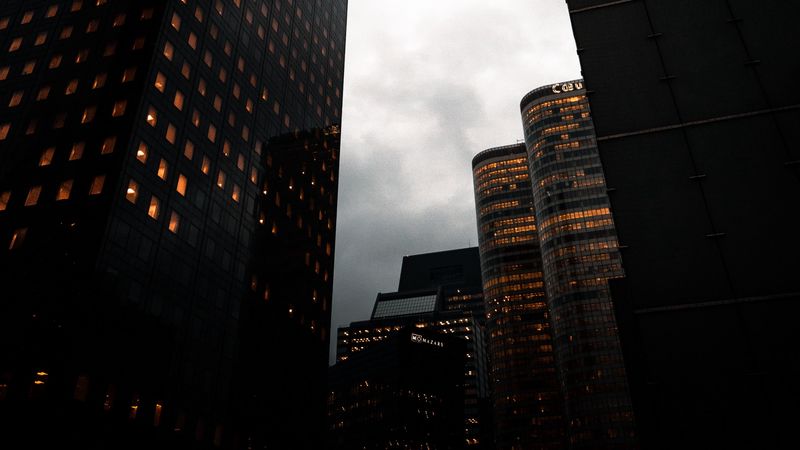city, bottom view, night city, buildings, 4k
