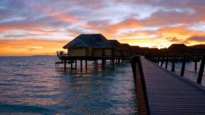 French Polynesia, 4k, sunset, sky, clouds, vacation, rest, travel, booking, ocean, bridge, bungalow