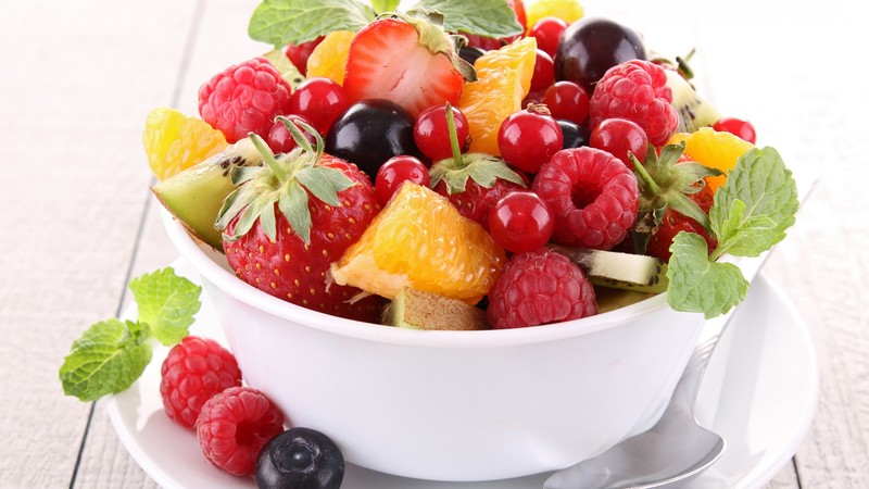 Fruit salad, orange, strawberry, blueberry, raspberry, mint