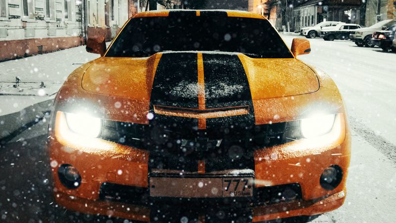 machine, front view, headlights, orange, 4k