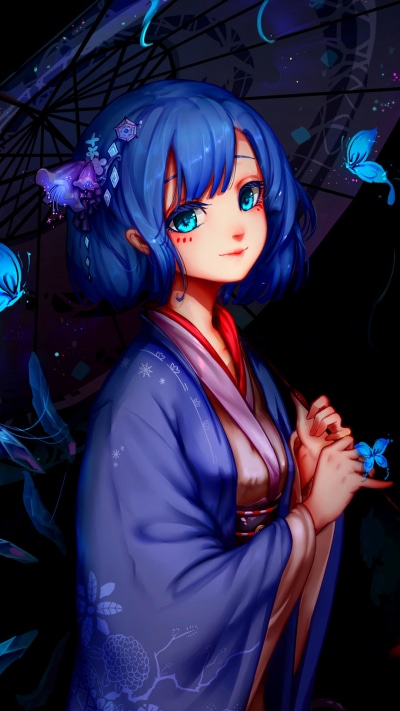 Anime Touhou, Butterfly, Kimono, Blue Hair, Cirno (Touhou), Aqua Eyes, 1080x1920