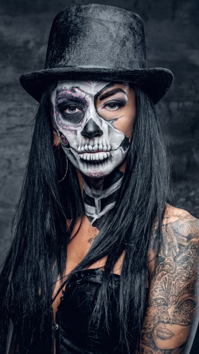 Women Tattoo, Blue Eyes, Sugar Skull, Hat, Makeup, 1080x1920