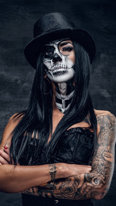Women Tattoo, Sugar Skull, Blue Eyes, Hat, 1080x1920