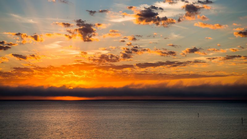 sunset, horizon, sun, sea, clouds, 4k