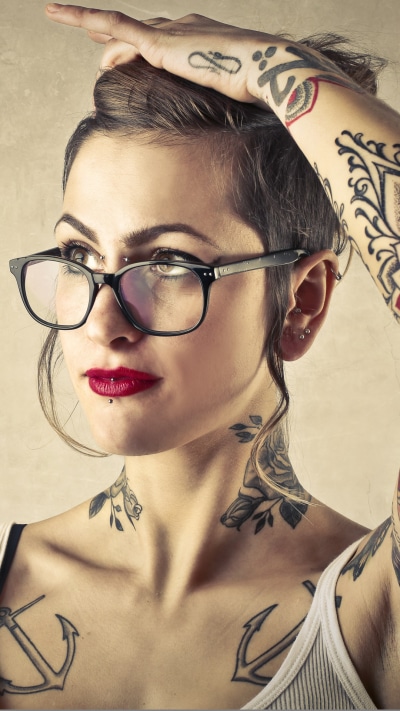 Women Tattoo, Brown Eyes, Face, Glasses, Brunette, Lipstick, 1080x1920