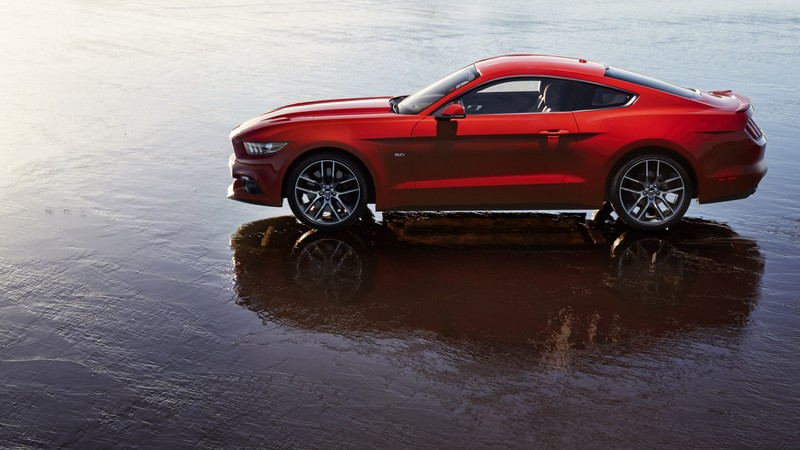 Ford Mustang, red, coupe, muscle car.