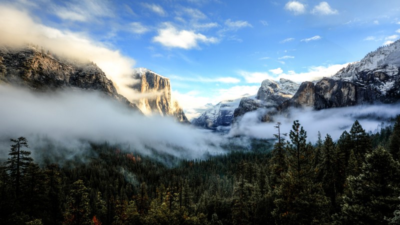 Tunnel View, 4k, Yosemite, CA, Sunset, mountains, clouds, pines