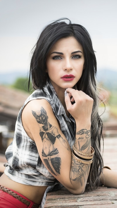 Women Tattoo, Model, Lipstick, Brunette, Depth Of Field, 1080x1920