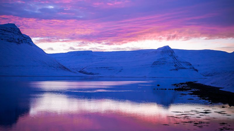 sunset, evening, mountains, snowy, 4k