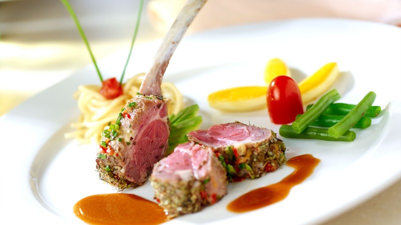 Meat, spices, cherry, asparagus