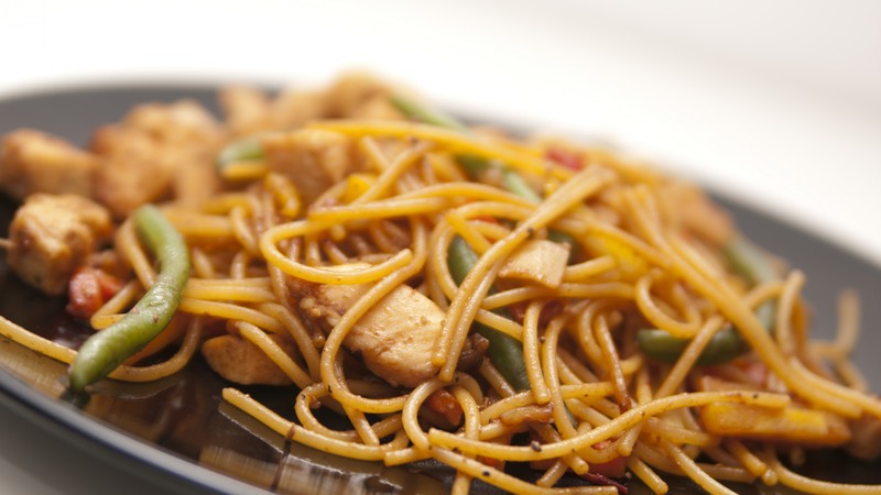 Pasta, meat, asparagus
