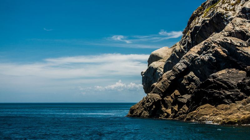 rocks, coast, sea, horizon, 4k