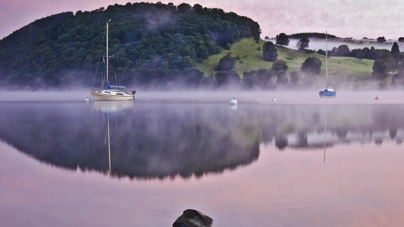Lake, 4k, fog, hills, boat, reflection