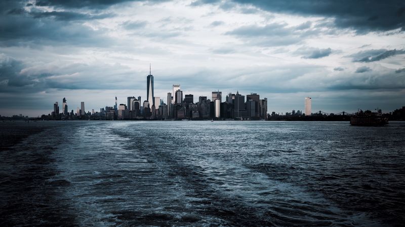 city, water, tower, horizon, 4k