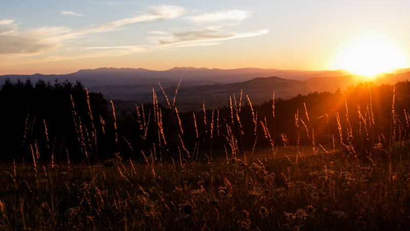 Auvergne, 4K, France, mountains, sunset, meadows