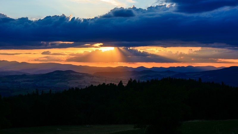 Auvergne, 4k, France, sunset, mountains, clouds, hills