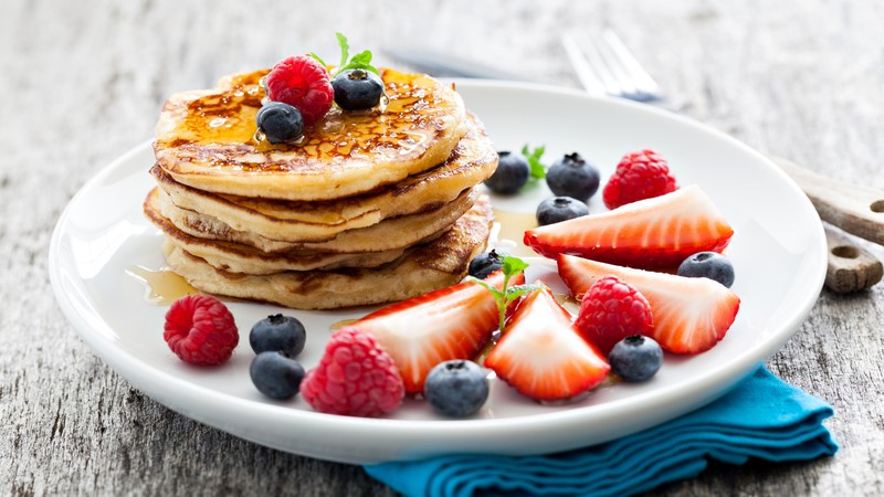 Pancakes, raspberry, fruit, strawberry, blueberry, honey