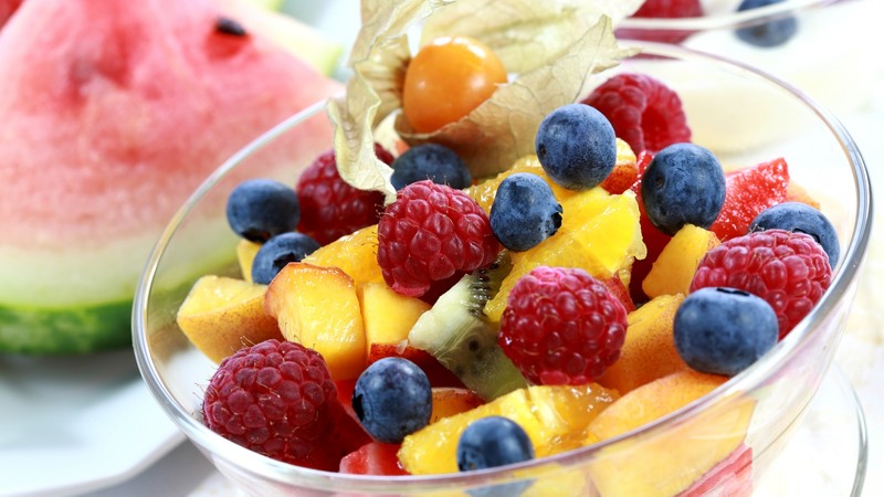 Fruits, berries, raspberry, blueberry, peach, watermelon, kiwi