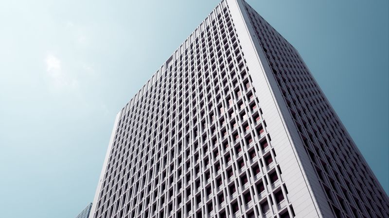 building, facade, bottom view, minimalism, 4k