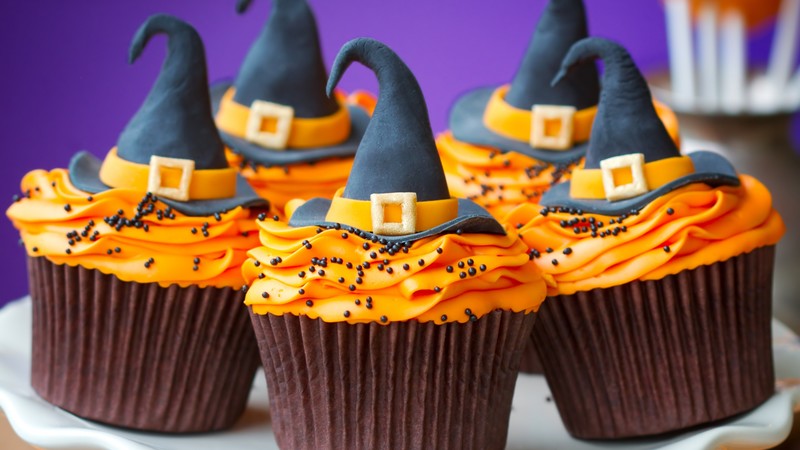 Cupcakes, Helloween, Witch Hats, desserts, pastries, cream, powdered, sugar, orange