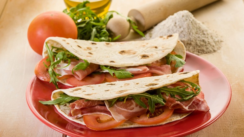 Tortilla, tomato, pita bread, bacon, flour